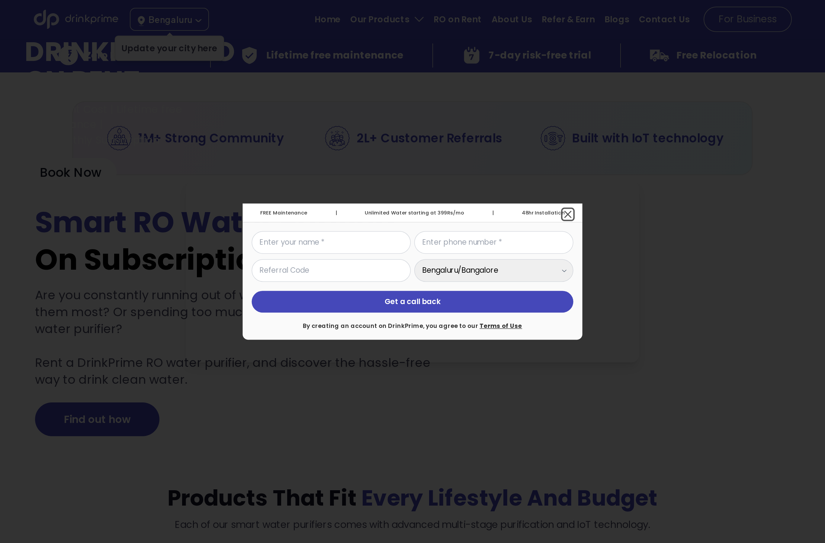 DrinkPrime homepage — water-as-a-service, ₹399/mo, 48hr install